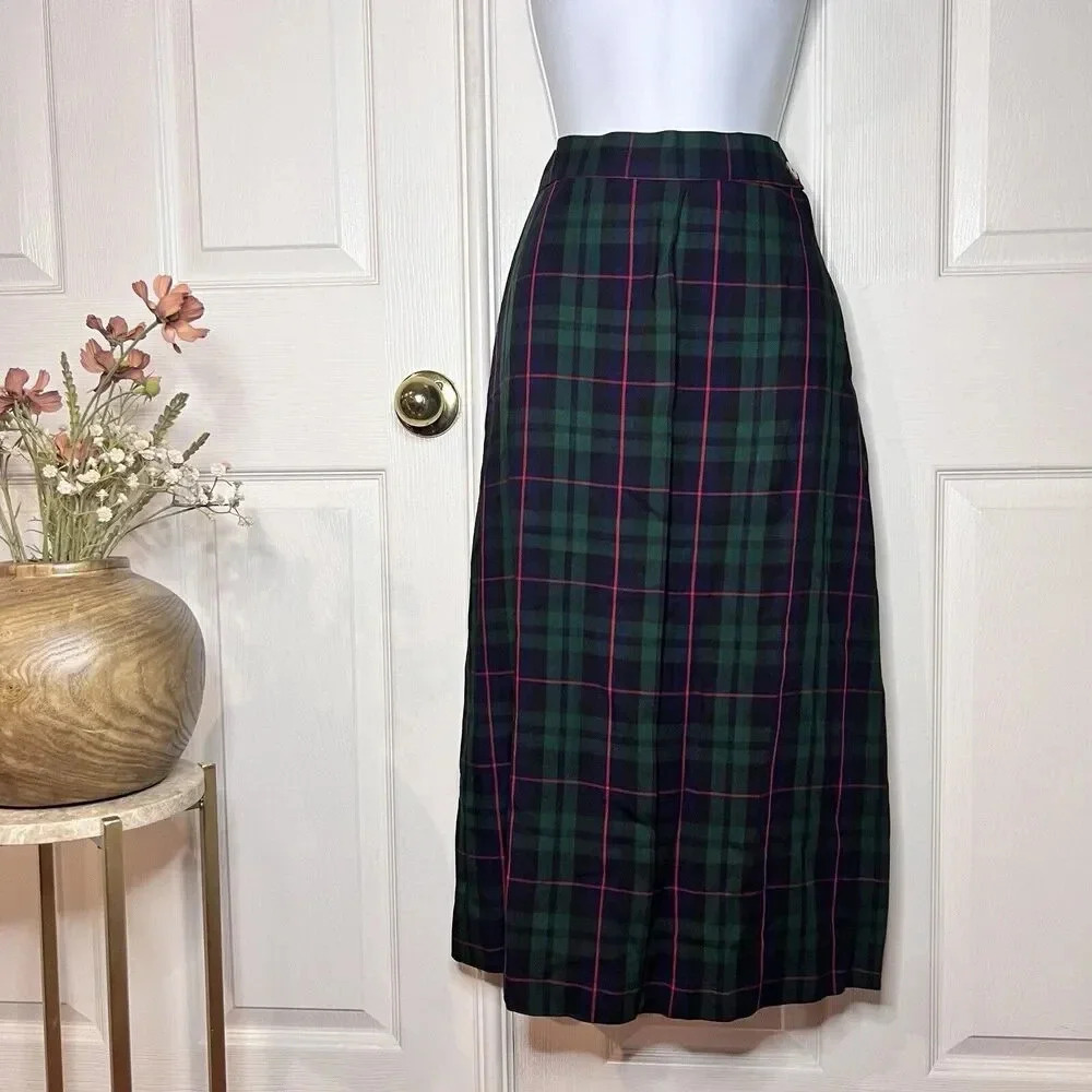 Vintage Blue Plaid Handmade Pleated‎ Skirt Waist 24 Academia Holiday Old Money